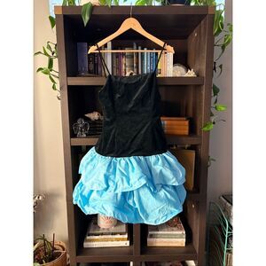NWOT Miscreants London Black Velvet & Blue Ruffle Mini Dress Sample Size US 4